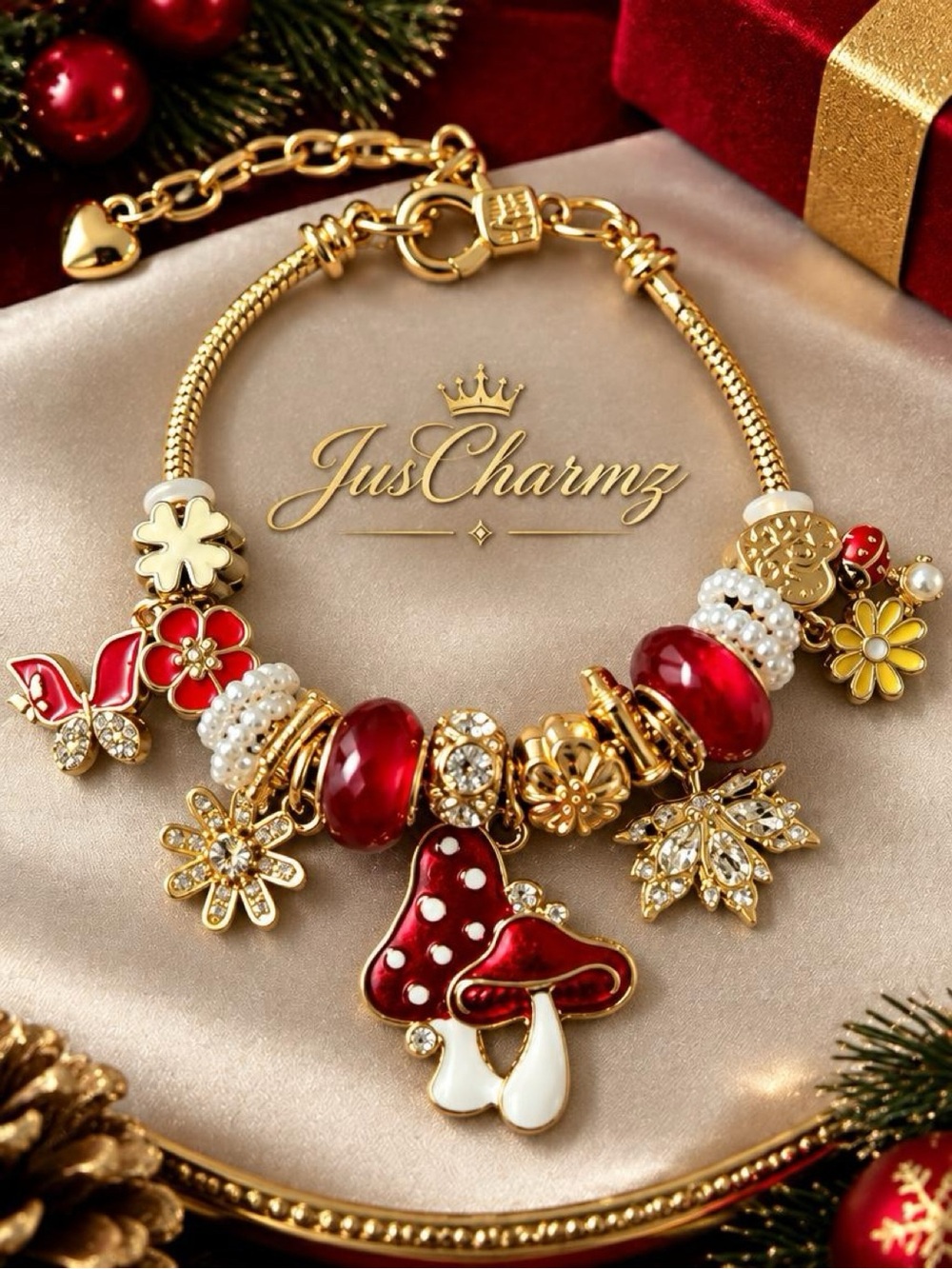 Gold & Red Mushroom Charm Bracelet
